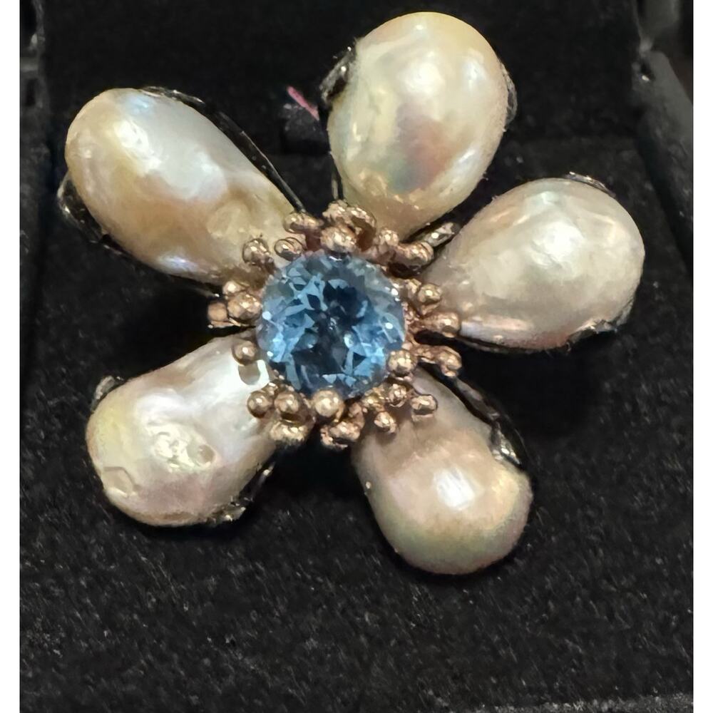 Size 6 Pearl And Blue Topaz Ring With Sterling Silver Band.